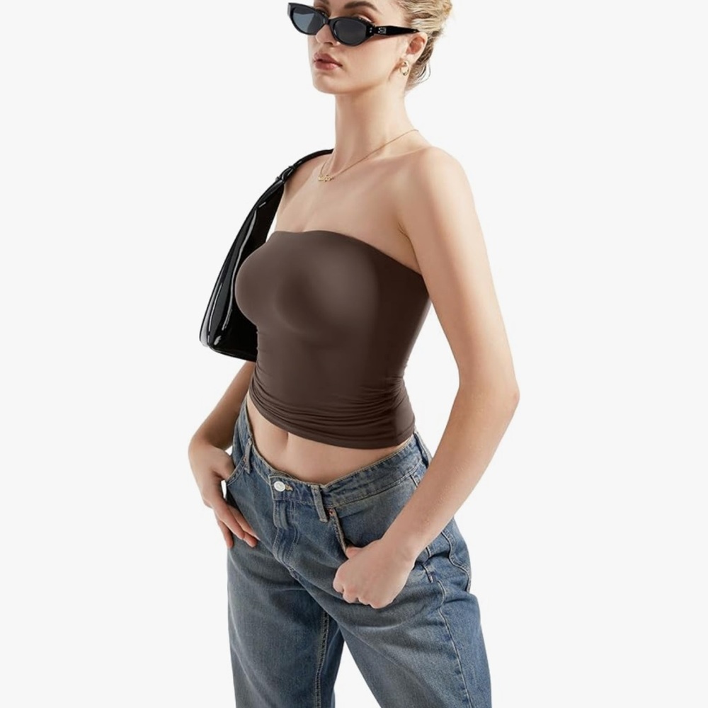 Brown Fitted Strapless Crop Top